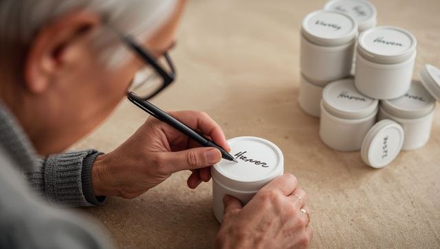 Labeling minimalist white jar lids for skincare by senior artisan in home studio