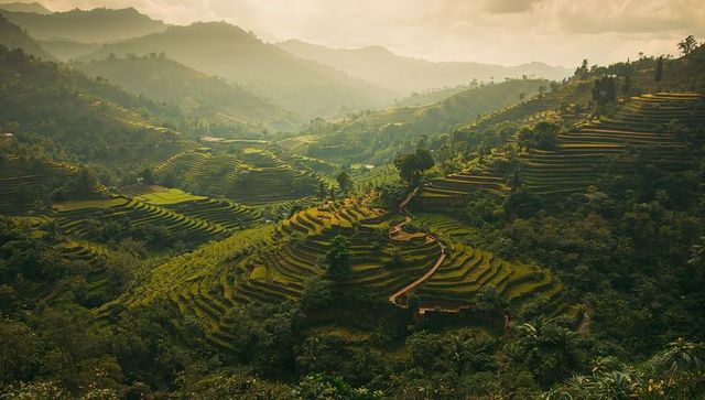 Golden terraced rice fields climbing misty mountain slopes with winding path and huts