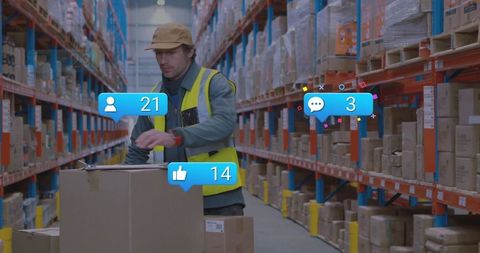 Warehouse Worker in Industrial Setting with Social Media Icons Overlay