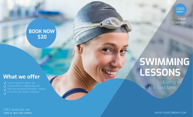 Promoting Swimming Lessons with Smiling Woman in Swim Cap and Goggles - Download Free Stock Templates Pikwizard.com