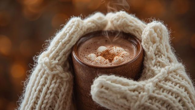 Hands in cream knit mittens cradling steaming hot cocoa with marshmallows