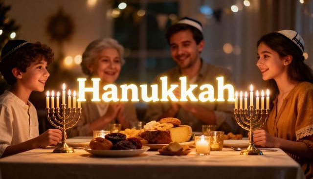 Joyful Family Celebrating Hanukkah Around Candlelit Table with Menorahs, Sufganiyot and Kippahs