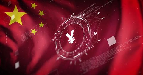 Digital Yuan Symbol with Chinese Flag Background
