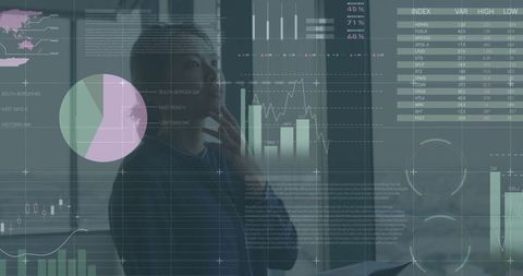 Businesswoman analyzing holographic data charts in modern office environment