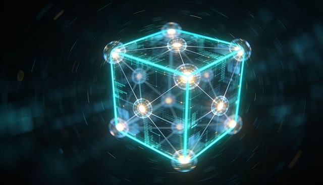 Floating neon holographic cube network with glowing nodes and circuit visualization