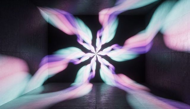 Projecting kaleidoscopic pastel light ribbons casting prism glow in concrete art chamber