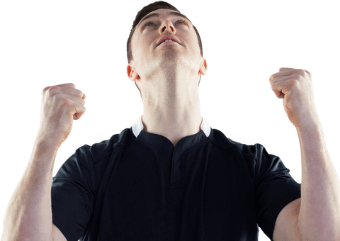 Transparent Rugby Player Celebrates Victory with Upraised Fists