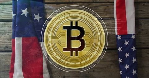 Golden Bitcoin Over Rustic Planks with American Flag Decor