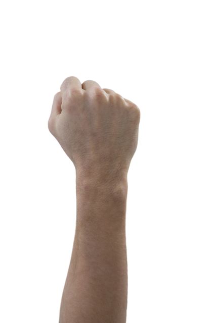 Close-up of a clenched fist of a man against a white background. This image can be used to represent themes of strength, determination, power, protest, and solidarity. Ideal for use in articles, advertisements, and campaigns related to social movements, empowerment, and personal strength.