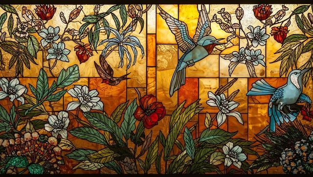 Ornate stained glass with birds and floral motifs