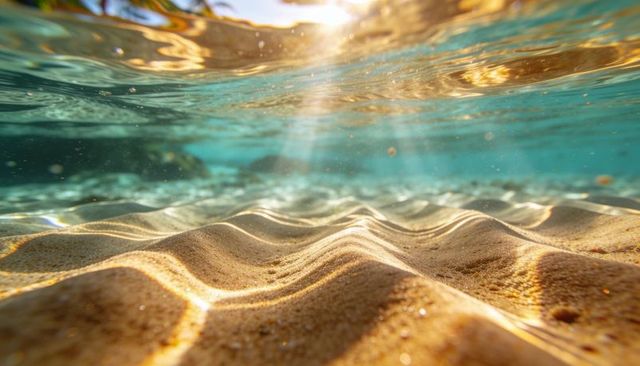 Sunlit underwater sand ripples casting golden caustics through turquoise shallow water