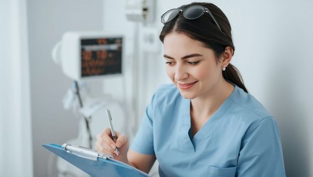 Smiling nurse taking notes in medical clinic setting