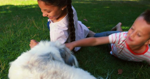 Children Playing with Fluffy Dog on Green Lawn - Download Free Stock Images Pikwizard.com