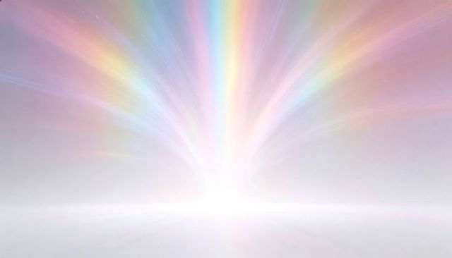 Radiant pastel light burst over reflective horizon with ethereal glow and soft halo