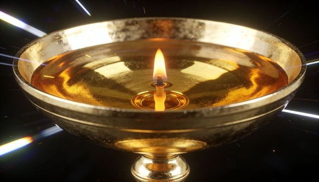 Glowing metallic chalice lamp with golden oil, central wick and steady flame warm glow