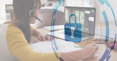 Chinese girl studying online with headset and padlock overlay for secure learning