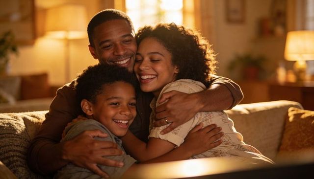 Cozy evening family of three cuddling on couch sharing warm hug and joyful smiles