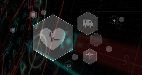 Pulsing holographic heart interface receiving ecg signal on neon medical telemetry grid