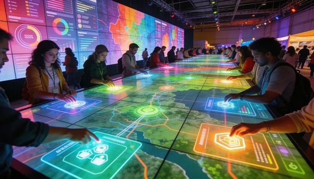 Exploring interactive multi-panel touchscreen map table at tech expo LED data wall