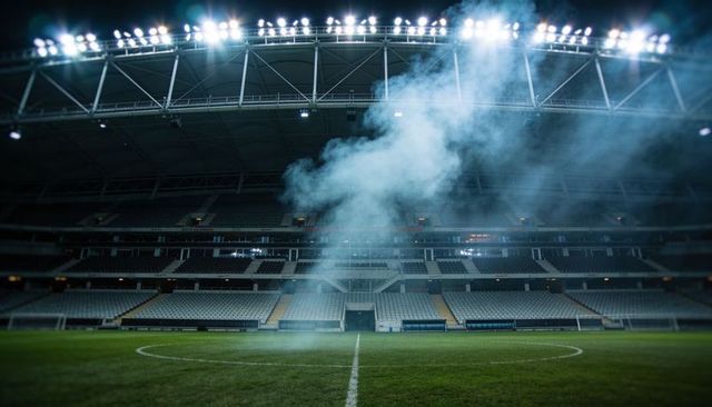 Smoke rising over empty football stadium under floodlights at night with dramatic fog