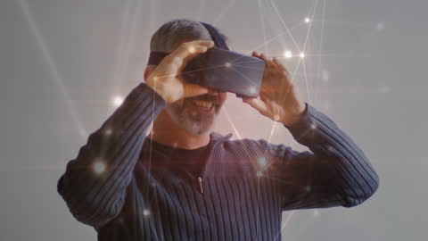 Middle-Aged Man Engaging with VR Technology and Digital Networks