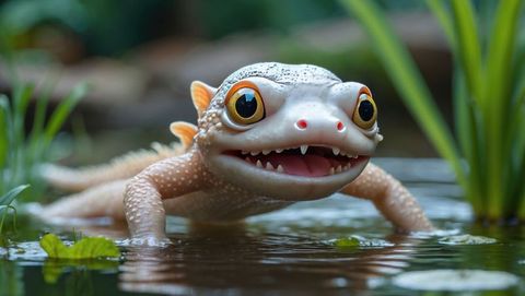 Adorable cartoon amphibian in a tranquil pond setting