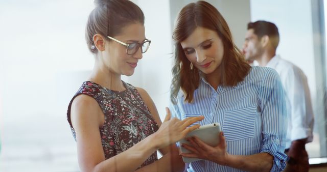 Businesswomen Discussing Project Using Tablet in Modern Office - Download Free Stock Images Pikwizard.com