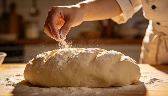 Baker Sprinkling Flour Over Rustic Proofed Loaf on Wooden Board, Artisanal Bread Baking