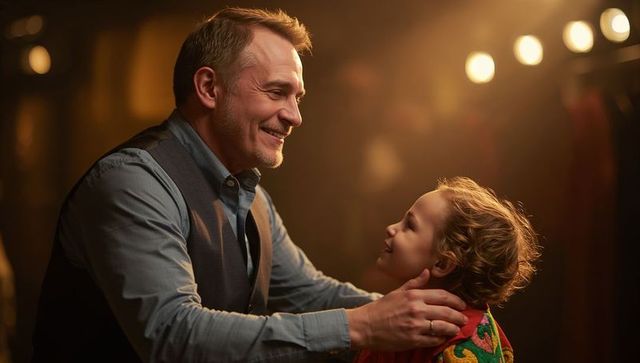 Man guiding young actor backstage, sharing warm smile and costume prep under stage lights