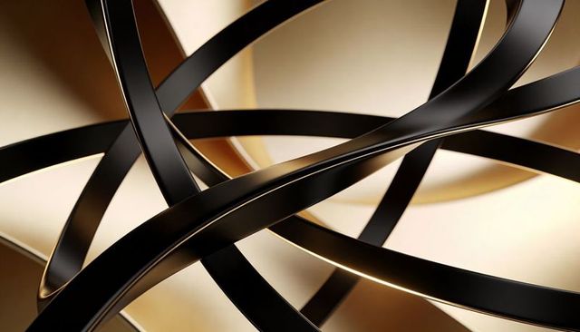 Interwoven glossy black and gold-edged ribbons abstract sculpture luxurious metallic curves
