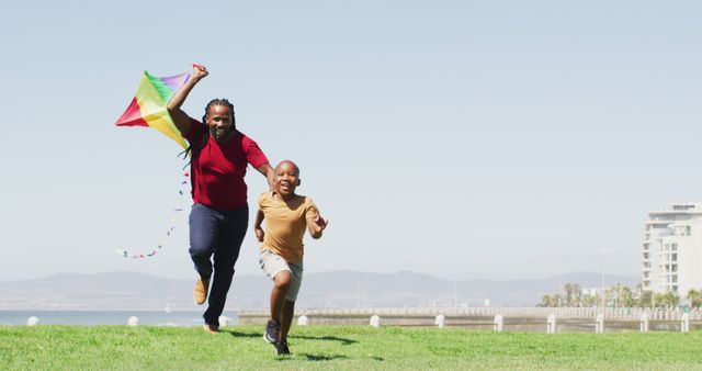 Father and Son Flying Kite on Grassy Field by Seaside - Download Free Stock Images Pikwizard.com