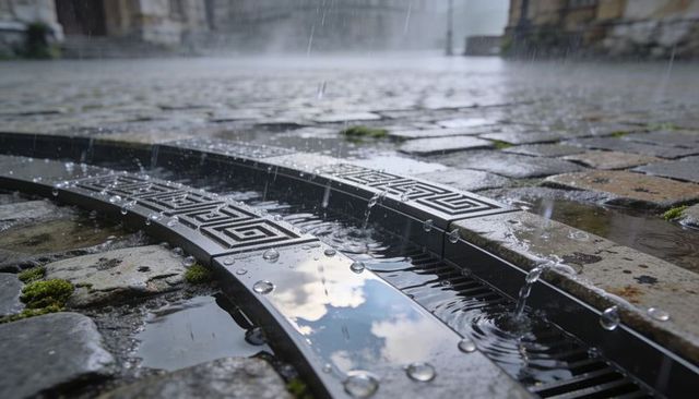 Curved metal rain channel catching raindrops on wet cobblestone street with clouds