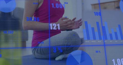 Korean woman practicing mindfulness on yoga mat with wellness data dashboard overlay