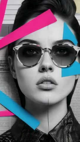 Vertical Fashion Reel Monochrome Model Sliding Magenta and Cyan Bars with Sunglasses