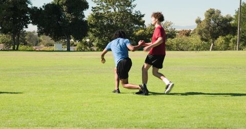 Teen friends playing tag on sunny suburban park field with mature trees and open grass