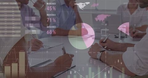 Meeting with holographic financial data illustrations overlaid