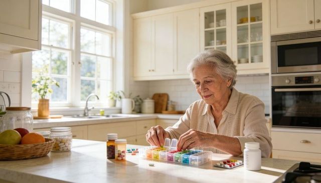 Senior woman organizing weekly pill box in sunlit modern kitchen for medication routine