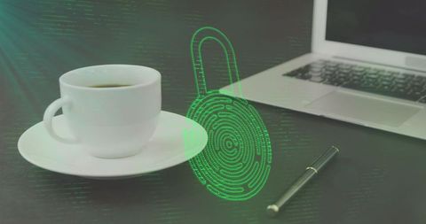 Cybersecurity Concept on Office Desk with Holographic Lock