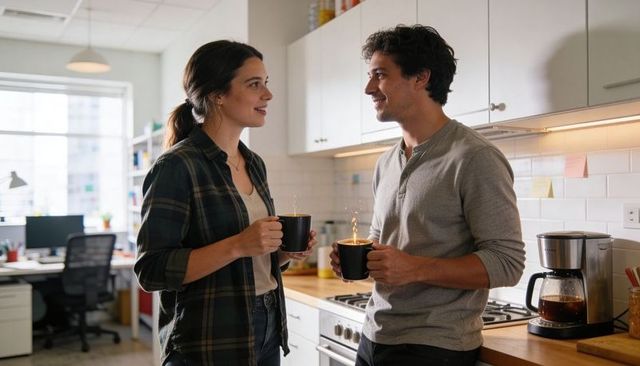 Coworkers chatting and holding coffee mugs in modern open-plan office kitchen