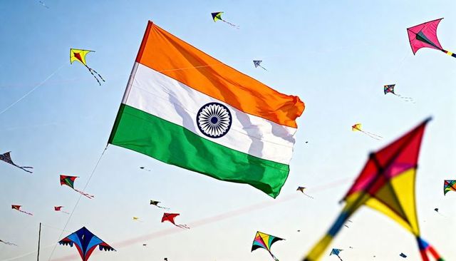 Giant indian tricolor with ashoka chakra flying over colorful kite festival in blue sky