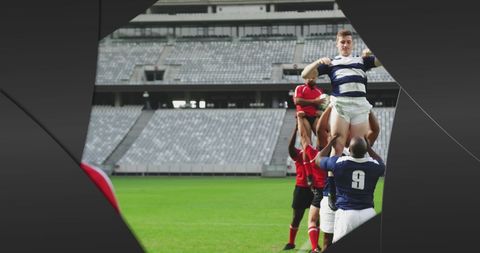 Rugby players in action during lineout at stadium