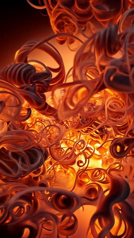 Moving Through Curled Filaments Revealing Glowing Amber Core Vertical CGI Loop