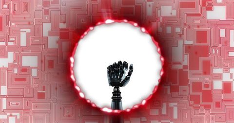 Extending robotic hand through glowing circular portal over red circuitry background