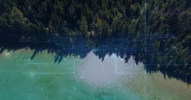 Aerial View of Evergreen Forest and Lake with Digital Code Overlay