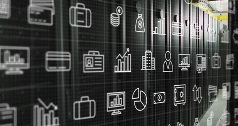 Digital Icons Overlaying Data Server Racks in Modern Data Center