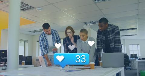 Diverse Business Team Analyzing Data with Social Media Overlay