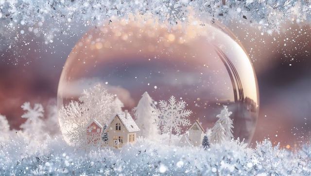 Glowing glass snow globe reflecting warm bokeh over frosted miniature winter village