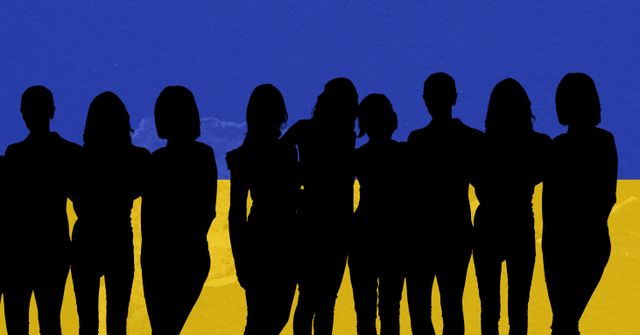 Silhouettes of group of people standing against the backdrop of the Ukrainian flag. Represents themes of solidarity, national pride, and conflict support. Ideal for articles about Ukraine's national issues, conflict news, human rights advocacy, and support campaigns.