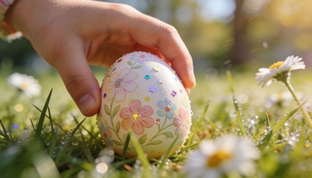 Child placing hand holding painted floral easter egg on dewy grass with daisies and glitter