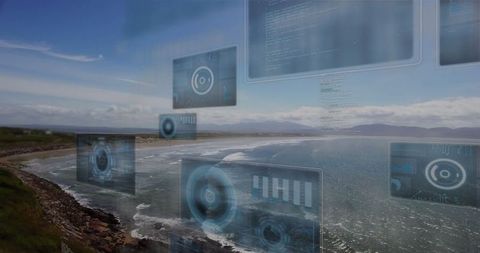 Digital data interfaces overlaying serene coastal landscape